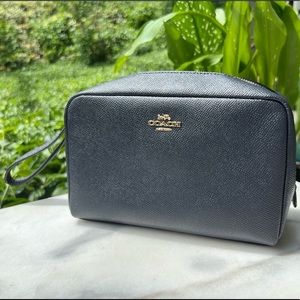Coach Boxy Cosmetic Case w/ Wrist Strap in Midnight Crossgrain Leather
